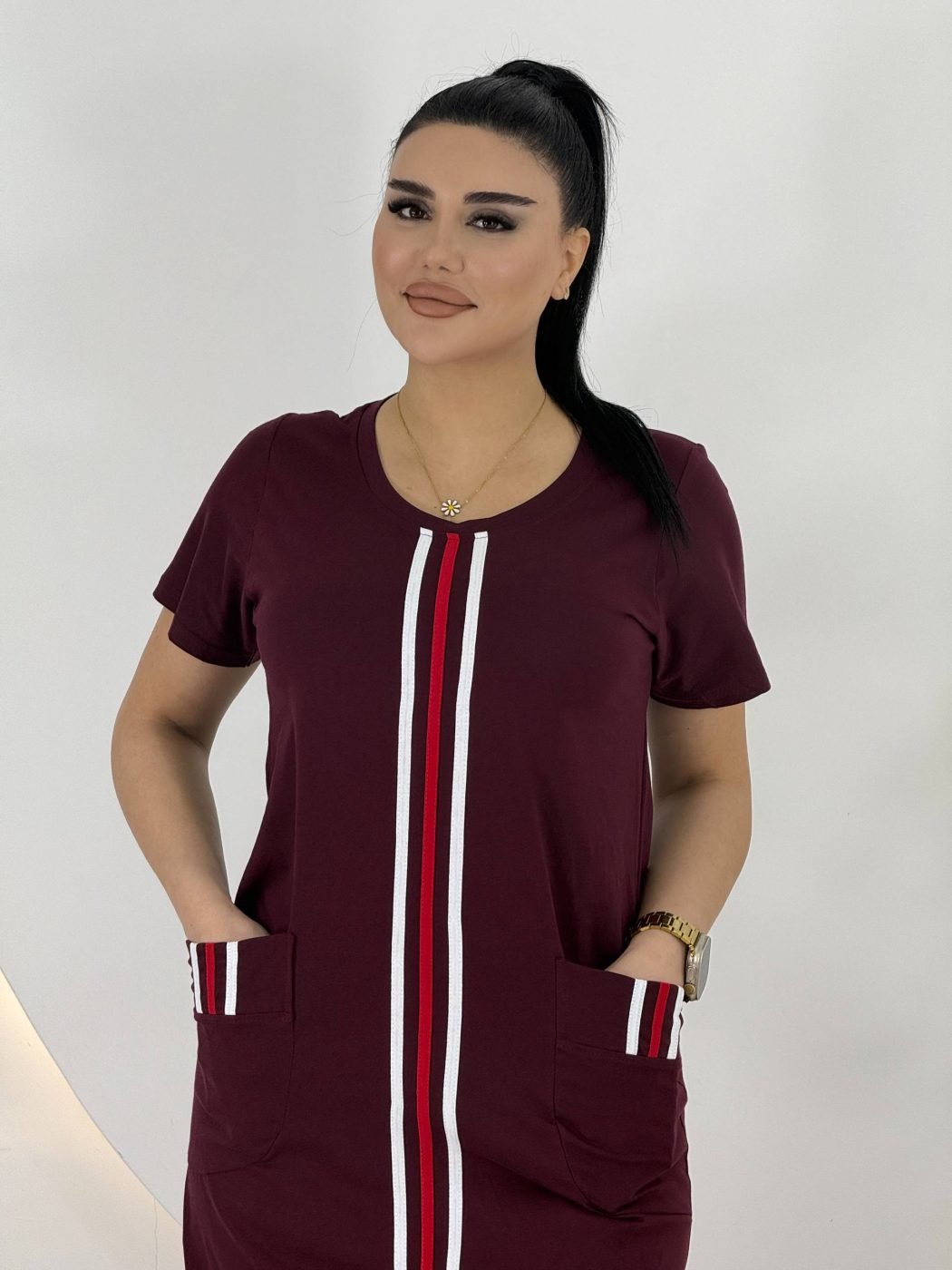 Önü lent zolaqlı, cibləri zolaq detallı qısaqol yay donu